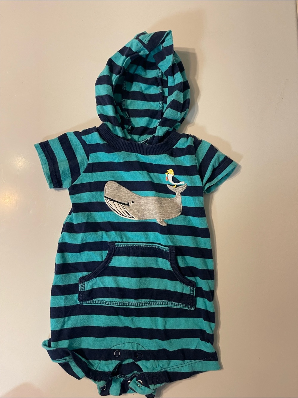 Striped Hooded Baby Romper with Whale Applique - Teal & Navy